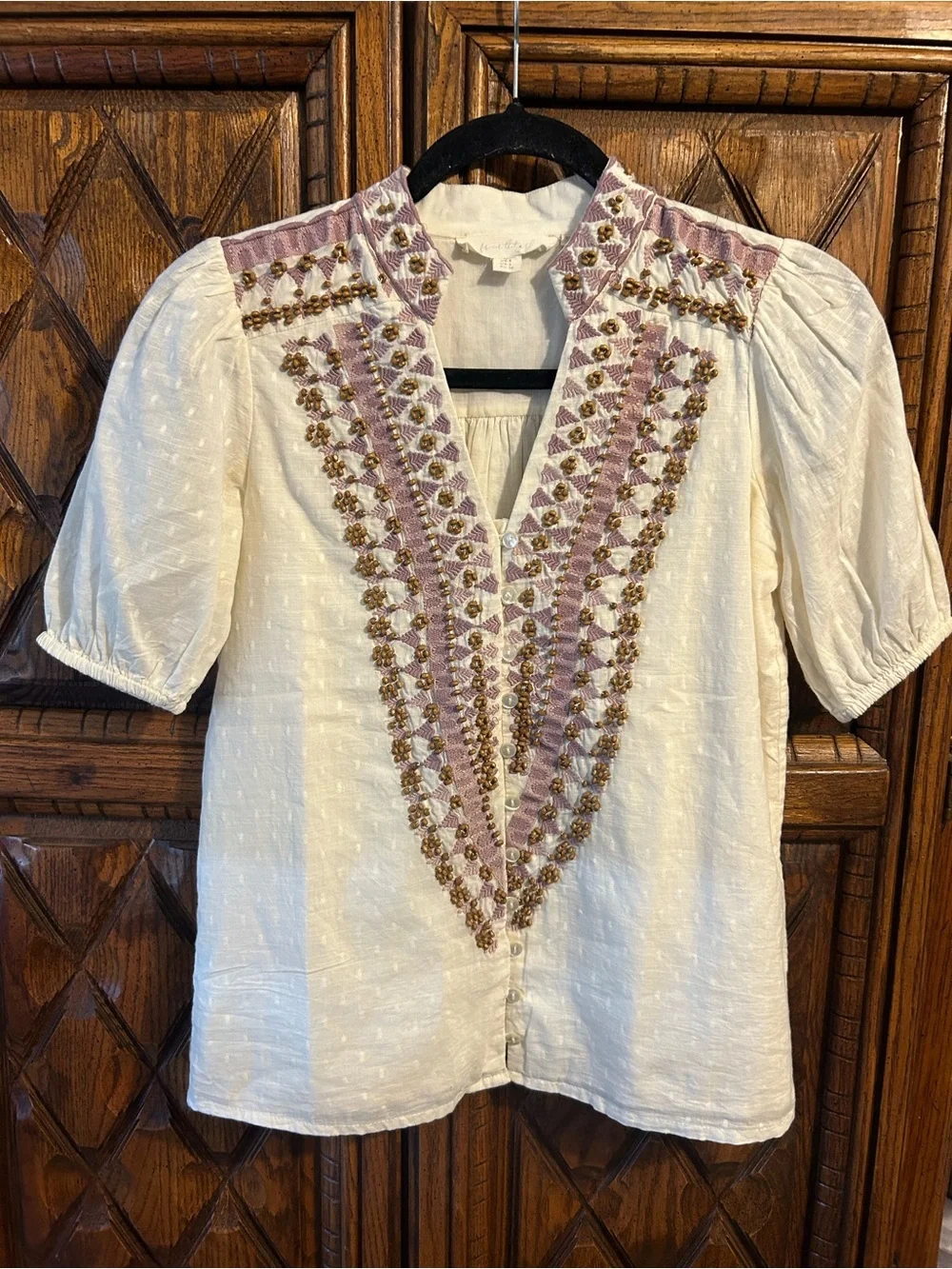 Anthropologie White Embroidered V-Neck Blouse with Pink & Gold Trim